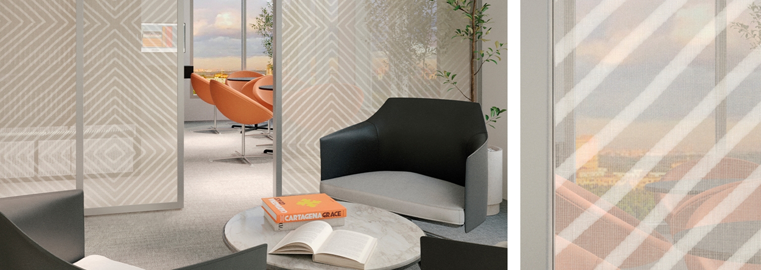 Glass walls of a corporate library lined with custom printed semi-transparent window film.