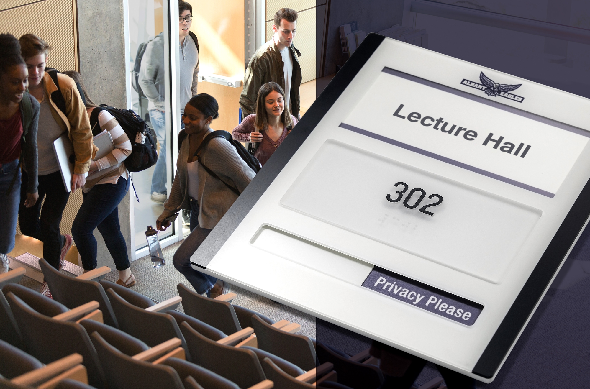 An ADA compliant tamper-resistant room ID sign with custom graphics for a high school lecture hall pictured with students entering the room.