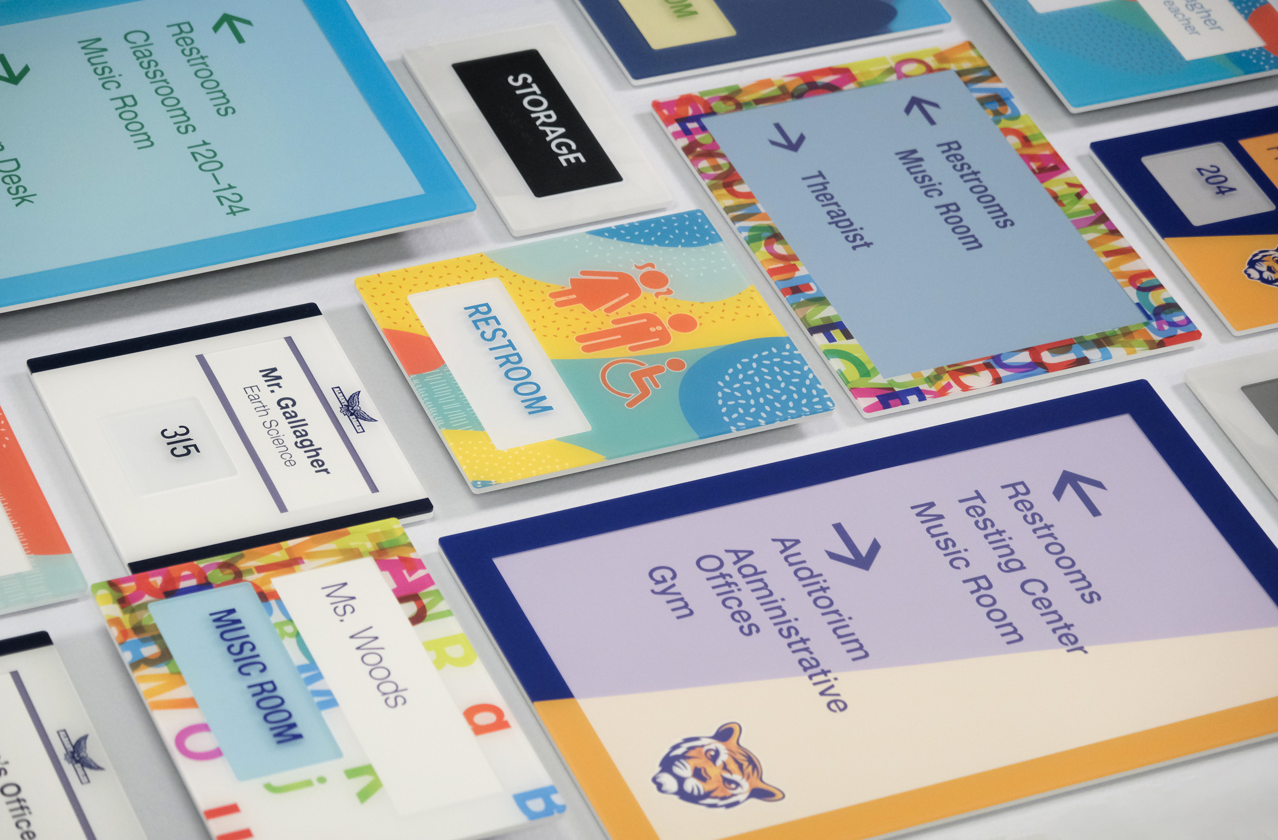 A broad range of school interior signage designs for grades ranging from preschool to college.